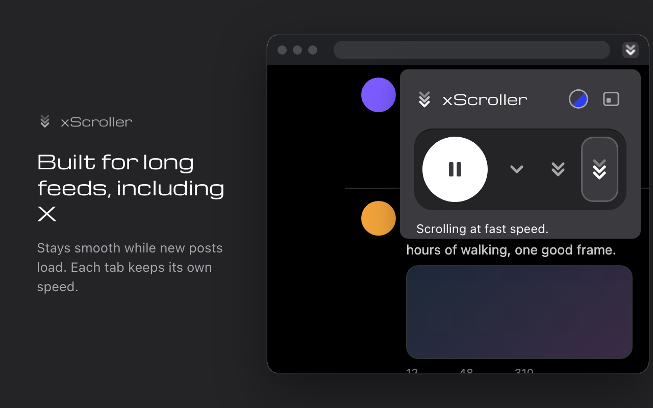Graphite popup scrolling a dark feed at fast speed