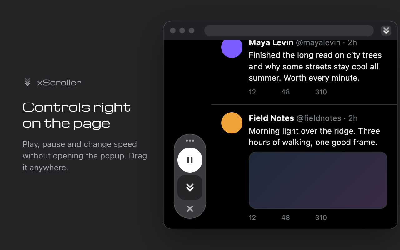 xScroller's graphite on-page controls scrolling an X feed in dark mode
